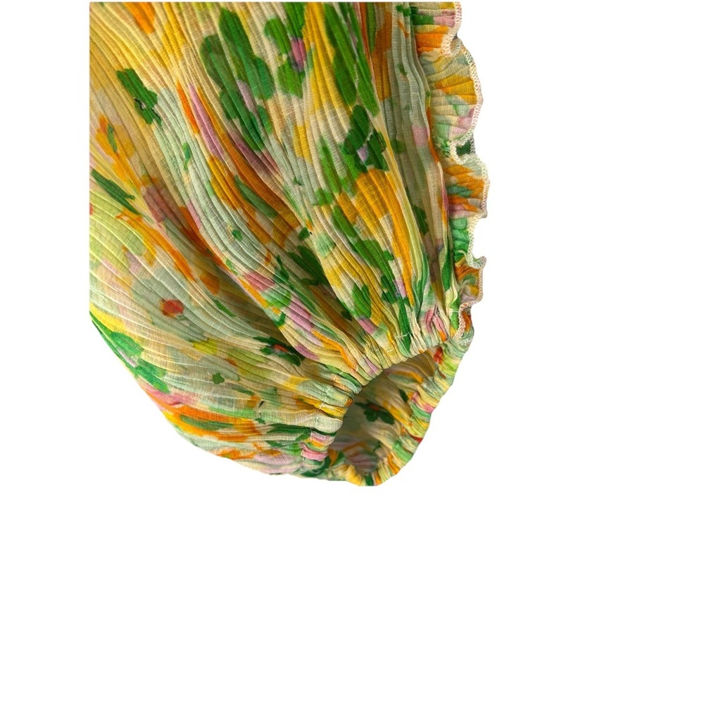 ASTR Bellona Floral Plisse Top Boho Smocked Ruffle Sheer Blouse Fairy Ethereal M - Picture 9 of 11